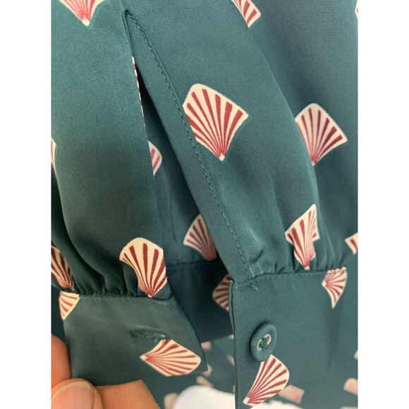 LAcademie Los Angeles Green & Red Fan Print Button-Up Shirt Dress XL RK10650 - Picture 5 of 9